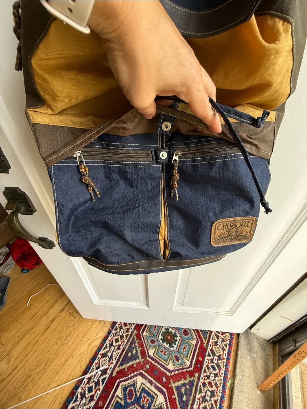Cherokee Vintage 90s Navy, Mustard & Brown Canvas Roll-Top Backpack